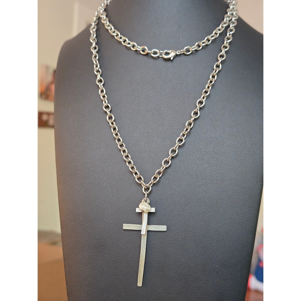 Silvertone Double Cross Pearl Necklace Vintage